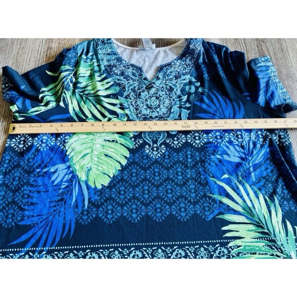 Catherine’s Blue Green Tropical V Neck Rhinestone Plus Size Blouse Top Size 2XP - Picture 4 of 6